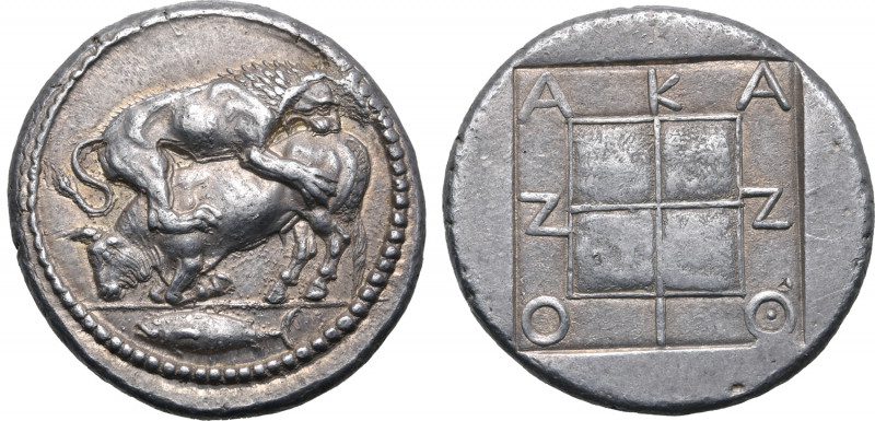 Macedon, Akanthos AR Tetradrachm. Circa 470-430 BC. Bull collapsing to left, att...