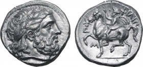 Kingdom of Macedon, Philip II AR Tetradrachm. Amphipolis, circa 355-348 BC. Laureate head of Zeus to right / ΦΙΛΙΠΠΟΥ, Philip on horseback to left, ra...