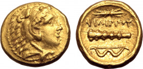 Kingdom of Macedon, temp. Philip II - Alexander III AV Quarter Stater. Pella, circa 342-328 BC. Head of Herakles to right, wearing lion skin headdress...