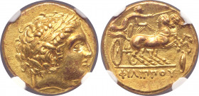 Kingdom of Macedon, temp. Philip II - Alexander III AV Stater. Pella, circa 340/336-328 BC. Laureate head of Apollo to right / Charioteer, holding ken...