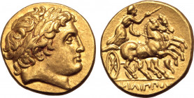 Kingdom of Macedon, Philip II AV Stater. Pella, circa 340/36-328 BC. Laureate head of Apollo to right / Charioteer, holding kentron and reins, driving...