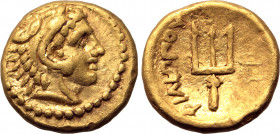 Kingdom of Macedon, Philip II AV 1/8 Stater. Pella, circa 340-328 BC. Head of Herakles to right, wearing lion skin headdress / Trident head, ΦΙΛΙΠΠΟΥ ...