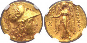 Kingdom of Macedon, Alexander III 'the Great' AV Stater. Babylon, circa 317-311 BC. Head of Athena to right, wearing triple crested Corinthian helmet ...