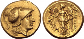 Kingdom of Macedon, Alexander III 'the Great' AV Stater. Teos, struck under Antigonos I Monophthalmos, circa 310-301 BC. Head of Athena to right, wear...