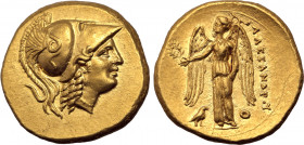 Kingdom of Macedon, Alexander III 'the Great' AV Hemistater. Salamis, circa 332-323 BC. Head of Athena to right, wearing triple-crested Corinthian hel...