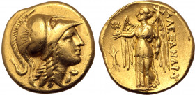 Kingdom of Macedon, temp. Alexander III - Philip III AV Stater. 'Amphipolis', circa 330-320 BC. Head of Athena to right, wearing triple-crested Corint...