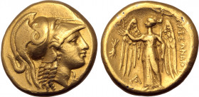 Kingdom of Macedon, Alexander III 'the Great' AV Distater. Amphipolis, circa 325-323 BC. Head of Athena to right, wearing triple-crested Corinthian he...