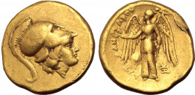 Kingdom of Macedon, Alexander III 'the Great' AV Stater. Struck under Menander. Sardes, circa 334-323 BC. Head of Athena to right, wearing triple-cres...