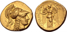 Kingdom of Macedon, Alexander III 'the Great' AV Stater. Sidon, circa 333-305 BC. Head of Athena to right, wearing triple-crested Corinthian helmet or...