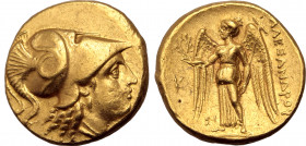 Kingdom of Macedon, Alexander III 'the Great' AV Stater. Sidon, dated CY 11 = 323/2 BC. Head of Athena to right, wearing triple-crested Corinthian hel...