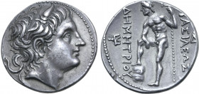 Kingdom of Macedon, Demetrios I Poliorketes AR Tetradrachm. Amphipolis, circa 289-288 BC. Diademed and horned head to right / Poseidon, nude, standing...