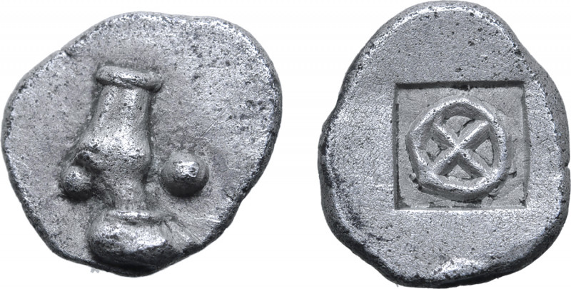 Thraco-Macedonian Tribes, Ichnai AR Obol. Circa 485-470 BC. Horse’s hoof in prof...