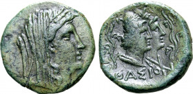 Islands off Thrace, Thasos Æ 24mm. Circa 280-250 BC. Veiled head of Demeter to right, wearing grain wreath / Jugate busts of the Dioskouroi wearing pi...