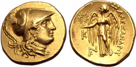 Moesia, Kallatis AV Stater. In the name and types of Alexander III of Macedon. Circa 250-225 BC. Head of Athena to right, wearing triple-crested Corin...