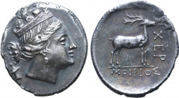 Tauric Chersonesos, Chersonesos AR Drachm. Circa 110-108 BC. Moirios, magistrate. Head of Artemis Parthenos to right, wearing turreted stephane, bow a...