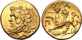 Kimmerian Bosporos, Pantikapaion AV Stater. Circa 325-310 BC. Bearded head of satyr to left, wearing ivy wreath / Π-Α-Ν around griffin standing to lef...