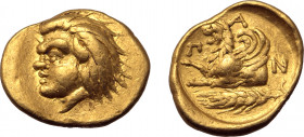 Kimmerian Bosporos, Pantikapaion AV 1/6 Stater. Circa 325-310 BC. Head of youthful satyr to left / Forepart of griffin to left; grain ear below, Π-Α-Ν...