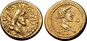 Kings of the Bosporos, Sauromates II, with Commodus EL Stater. Dated Bosporan Era 486 = AD 189/90. BACIΛЄѠC CAYPOMATOY, diademed and draped bust of Sa...