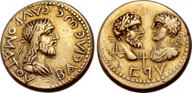 Kings of the Bosporos, Sauromates II, with Septimius Severus and Caracalla, EL Stater. Dated Bosporan Era 496 = AD 199/200. BACIΛЄѠC CAVPOMATOV, diade...