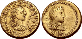 Kings of the Bosporos, Rheskuporis II, with Caracalla, EL Stater. Dated Bosporan Era 511 = AD 214/5. ΒΑCΙΛЄѠC ΡΗCΚΟΥΠΟΡΙΔΟC, diademed and draped bust ...