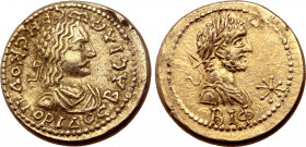 Kings of the Bosporos, Rheskuporis II, with Caracalla, EL Stater. Dated Bosporan Era 512 = AD 215/6. ΒΑCΙΛЄѠC ΡΗCΚΟVΠΟΡΙΔΟC, diademed and draped bust ...