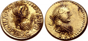 Kings of the Bosporos, Rheskuporis II, with Caracalla, EL Stater. Dated Bosporan Era 513 = AD 216/7. ΒΑCΙΛЄѠC ΡΗCΚΟVΠΟΡΙΔΟC, diademed and draped bust ...