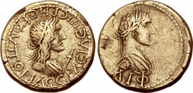 Kings of the Bosporos, Rheskuporis II EL Stater. Dated Bosporan Era 514 = AD 217/8. ΒΑCΙΛЄѠC ΡΗCΚΟVΠΟΡΙΔΟC, diademed and draped bust of Rheskuporis to...