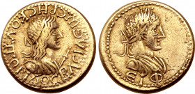 Kings of the Bosporos, Rheskuporis II, with Elagabalus, EL Stater. Dated Bosporan Era 515 = AD 218/9. ΒΑCΙΛЄѠC ΡΗCΚΟYΠΟΡΙΔΟC, diademed and draped bust...