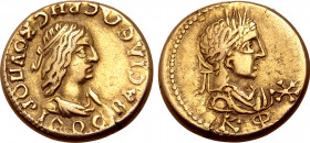 Kings of the Bosporos, Rheskouporis II, with Severus Alexander, EL Stater. Dated Bosporan Era 520 = AD 223/4. ΒΑCΙΛЄΩC ΡHCΚΟVΠΟΡΙΔΟC, diademed and dra...