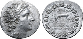 Kings of Pontos, Mithradates VI Eupator AR Tetradrachm. Dated Pergamon Era 4 = 86/5 BC. Diademed head to right / Stag grazing on ground line to left, ...