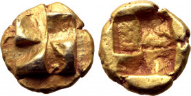 Ionia, uncertain mint EL 1/24 Stater. Circa 625-600 BC. Phokaic standard, geometric type. Raised clockwise swastika pattern / Quadripartite incuse squ...