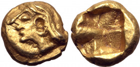 Ionia, uncertain mint EL 1/24 Stater. Circa 600-550 BC. Phokaic standard. Archaic male head to left with flowing hair / Quadripartite incuse punch. We...