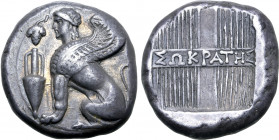 Islands off Ionia, Chios AR Tetradrachm. Circa 375-350 BC. Sokrates, magistrate. Sphinx seated to left, standing amphora surmounted by grape-bunch bef...