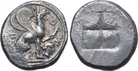 Ionia, Teos AR Stater. Circa 478-470 BC. Griffin seated to right, left forepaw raised; THION around, before, female head to right / Quadripartite incu...