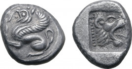 Troas, Assos AR Drachm. Circa 500-450 BC. Griffin seated to left, raising forepaw / Head of roaring lion to right within incuse square. Boston MFA 162...