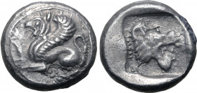 Troas, Assos AR Drachm. Circa 500-450 BC. Griffin seated to left, raising forepaw / Head of roaring lion to right within incuse square. Boston MFA 162...