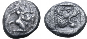 Troas, Assos AR Drachm. Circa 500-480 BC. Satyr running to right / Head of roaring lion to right within incuse square. BMC 1 (Termera, Karia) = Traité...