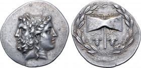 Islands off Troas, Tenedos AR Tetradrachm. Circa 100-80 BC. Janiform head of a laureate bearded male to left and female to right, wearing stephanos / ...