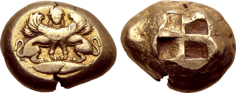 Mysia, Kyzikos EL Stater. Circa 500-450 BC. Double-bodied winged sphinx standing...