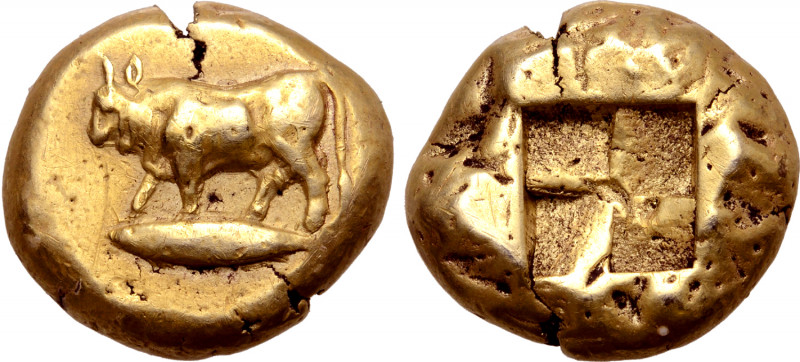 Mysia, Kyzikos EL Stater. Circa 500-450 BC. Bull walking to left on tunny fish t...