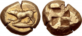 Mysia, Kyzikos EL Stater. Circa 500-450 BC. Dog standing to left, fore-paw raised; tunny fish to left below / Quadripartite incuse square. Von Fritze ...