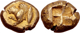 Mysia, Kyzikos EL Stater. Circa 500-450 BC. Forepart of winged lioness to left; tunny fish behind / Quadripartite incuse square. Von Fritze 96; SNG Bn...