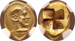 Mysia, Kyzikos EL Hekte. Circa 500-450 BC. Head of Zeus-Ammon to right atop tunny fish / Quadripartite incuse square. Cf. Von Fritze 130 (unlisted den...