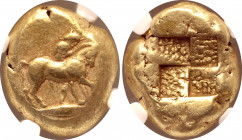 Mysia, Kyzikos EL Stater. Circa 450-330 BC. Bridled horse standing to right, being restrained by male standing to right in background, who holds bridl...