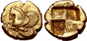 Mysia, Lampsakos EL Stater. Circa 480-450 BC. Forepart of Pegasos with curved wings to left; vine with bunches of grapes around / Quadripartite incuse...