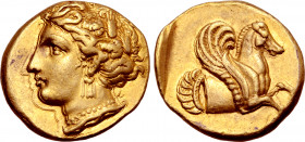 Mysia, Lampsakos AV Stater. Circa 370-360 BC. Head of Demeter to left, wearing wreath of grain ears in caught up and back swept hair, crescent-shaped ...