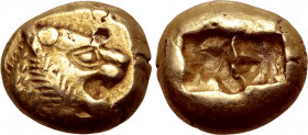 Kingdom of Lydia, Alyattes EL Trite - 1/3 Stater. Sardes, circa 600-561 BC. Head of roaring lion to right, sunburst with five rays on forehead / Two i...