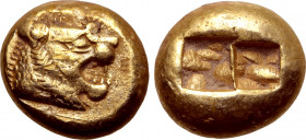 Kingdom of Lydia, Alyattes EL Trite - 1/3 Stater. Sardes, circa 600-561 BC. Head of roaring lion to right, sunburst with five rays on forehead / Two i...