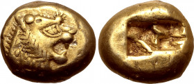 Kingdom of Lydia, Alyattes EL Trite - 1/3 Stater. Sardes, circa 600-561 BC. Head of roaring lion to right, sunburst with five rays on forehead / Two i...