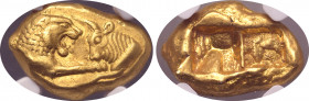 Kingdom of Lydia, Kroisos AV Stater. Light series. Sardes, circa 564-39 BC. Confronted foreparts of roaring lion to right and bull to left, each with ...